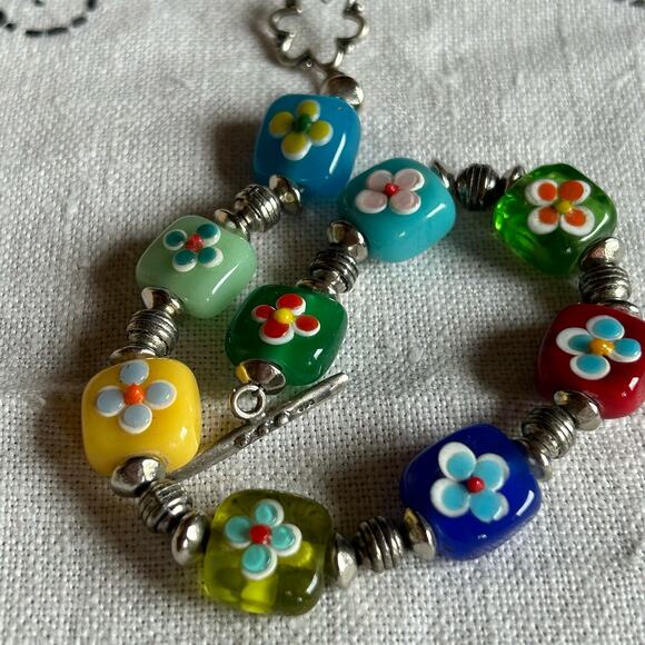 Colorful Square Flower Glass Beaded Bracelet 925 Sterling Clasp - Picture 10 of 11